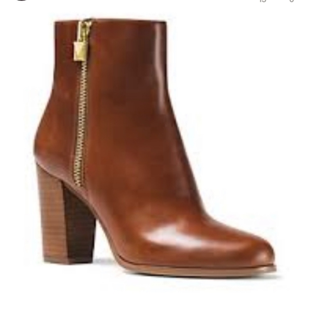 Michael Kors cognac leather stacked heel booties with gold details